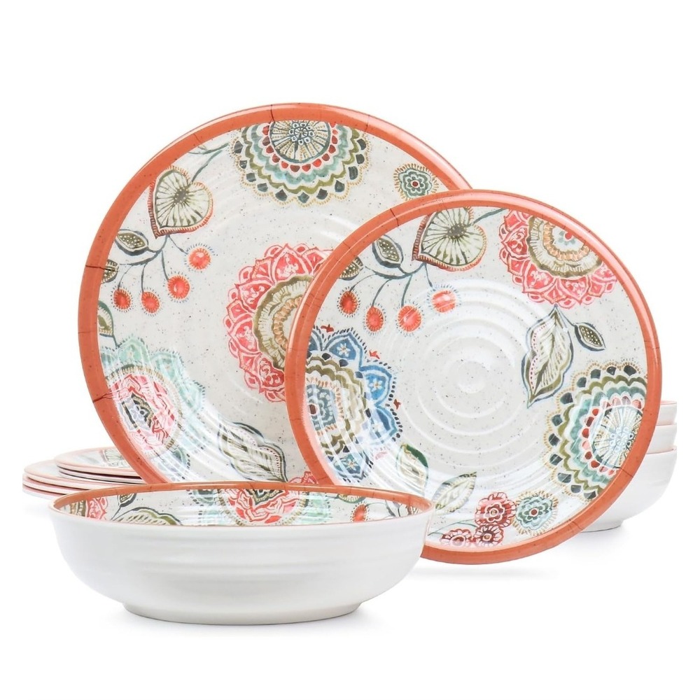 Elama Ester 12 Piece Melamine Dinnerware Set Floral Mandala Service for 4 NEW